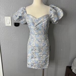 Lulus Cutest Praise Light Blue Floral Jacquard Puff Sleeve Mini Dress, M